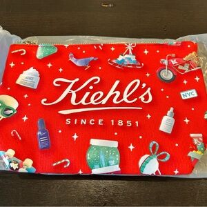 ☀️ 3/$15 Kiehls Christmas Holiday Make-Up Toiletry Cosmetic Bag Red